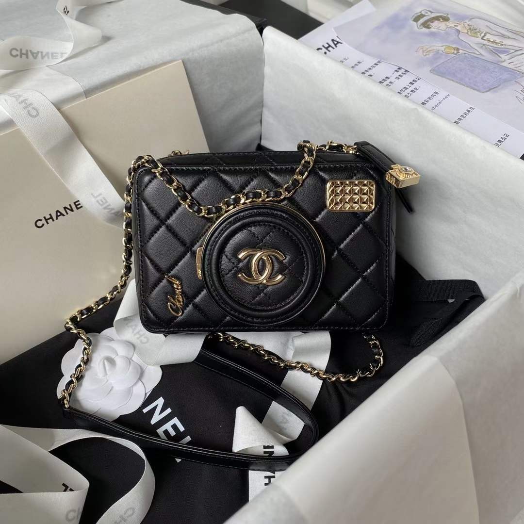 Chanel Women CC Camera Bag Lambskin Gold-Tone Metal Black