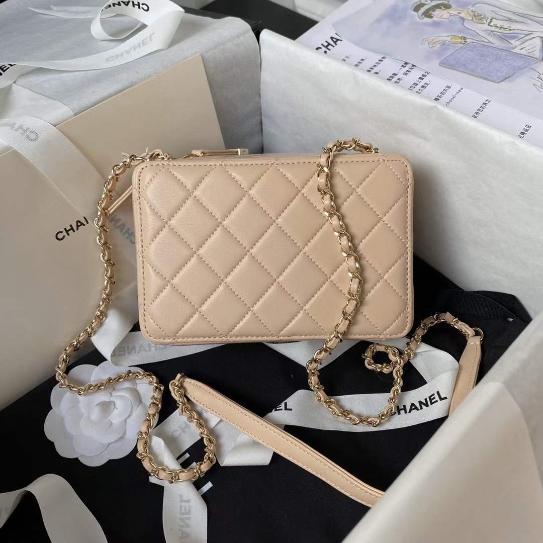 Chanel Women CC Camera Bag Lambskin Gold-Tone Metal Dark Beige
