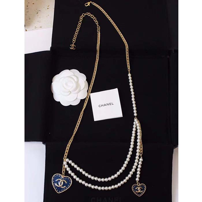 Chanel Women CC Chain Belt Metal Glass Pearls Gold Blue Pearly White