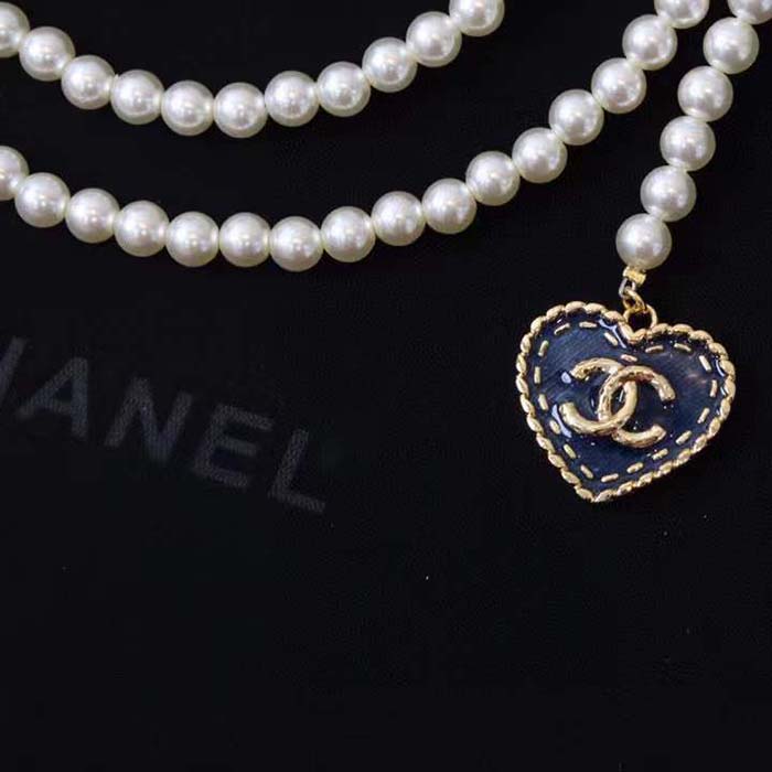 Chanel Women CC Chain Belt Metal Glass Pearls Gold Blue Pearly White
