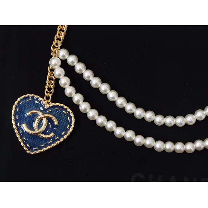 Chanel Women CC Chain Belt Metal Glass Pearls Gold Blue Pearly White