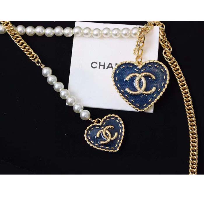 Chanel Women CC Chain Belt Metal Glass Pearls Gold Blue Pearly White