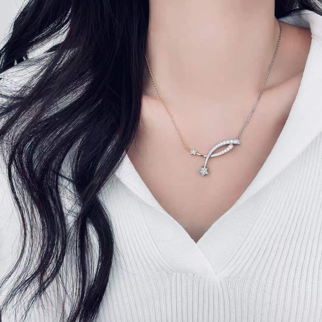chanel women cc etoile filante necklace 18k white silver Di*m*nds