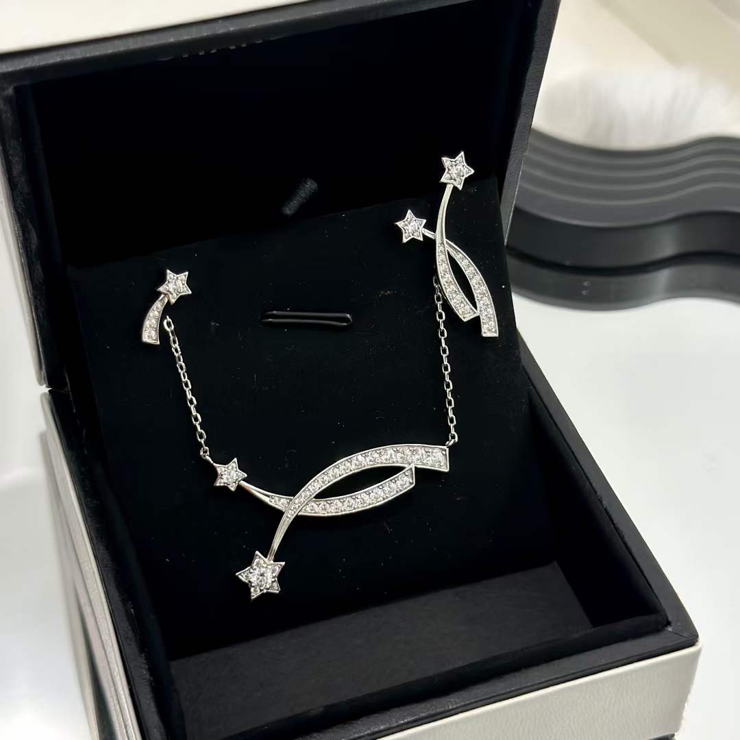 chanel women cc etoile filante earrings 18k white silver Di*m*nds