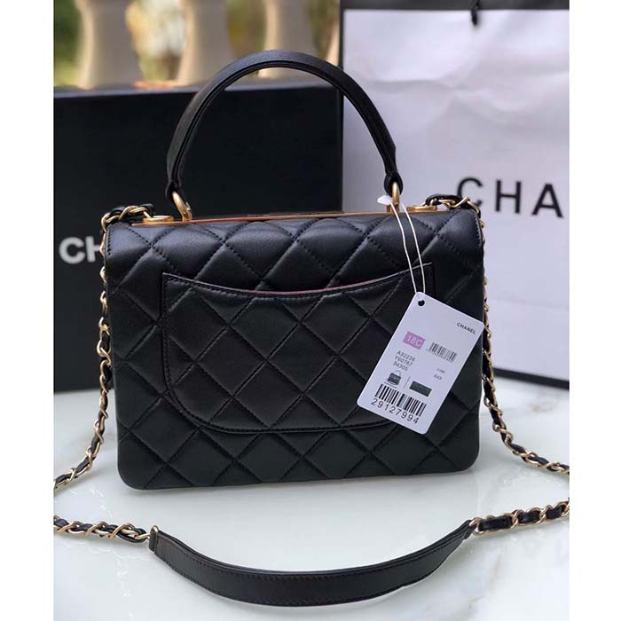 Chanel Women CC Flap Bag Top Handle Lambskin Gold-Tone Metal Black