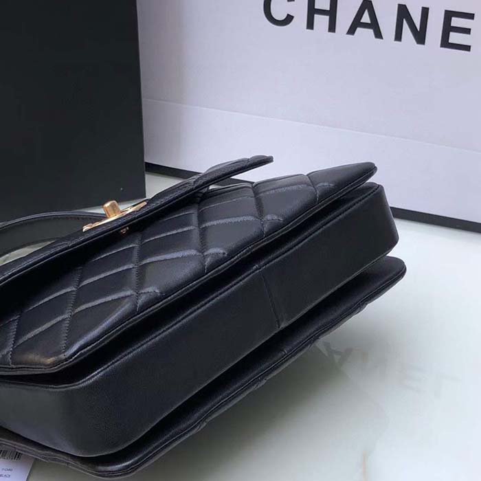 Chanel Women CC Flap Bag Top Handle Lambskin Gold-Tone Metal Black
