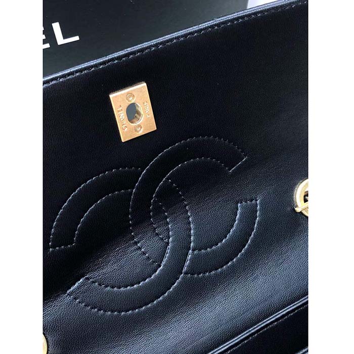 Chanel Women CC Flap Bag Top Handle Lambskin Gold-Tone Metal Black