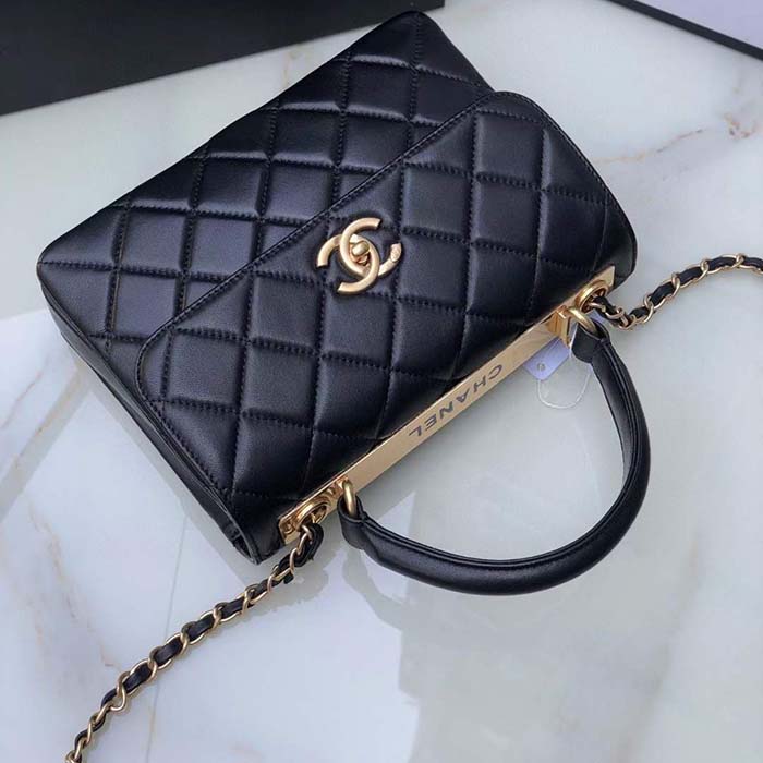 Chanel Women CC Flap Bag Top Handle Lambskin Gold-Tone Metal Black