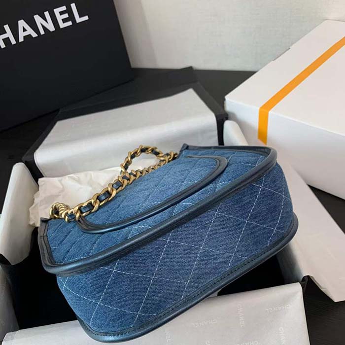 Chanel Women CC Hobo Handbag Washed Denim Gold-Tone Metal Blue