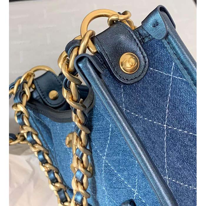 Chanel Women CC Hobo Handbag Washed Denim Gold-Tone Metal Blue