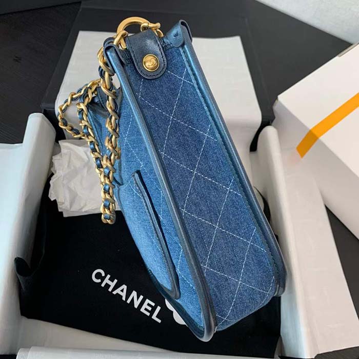 Chanel Women CC Hobo Handbag Washed Denim Gold-Tone Metal Blue