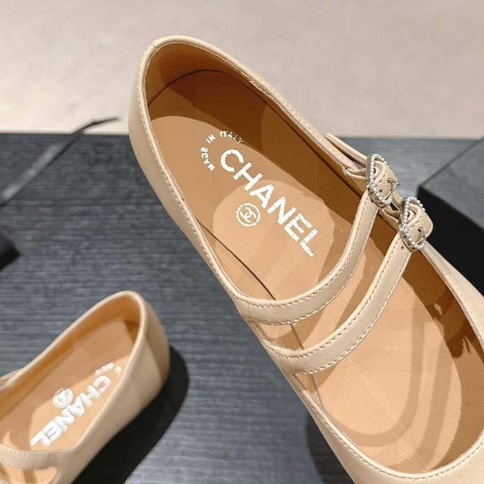 Chanel Women CC Mary Janes Lambskin Grosgrain Beige Black 0.5 CM Heel