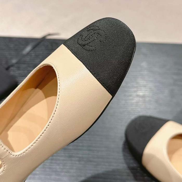 Chanel Women CC Mary Janes Lambskin Grosgrain Beige Black 0.5 CM Heel