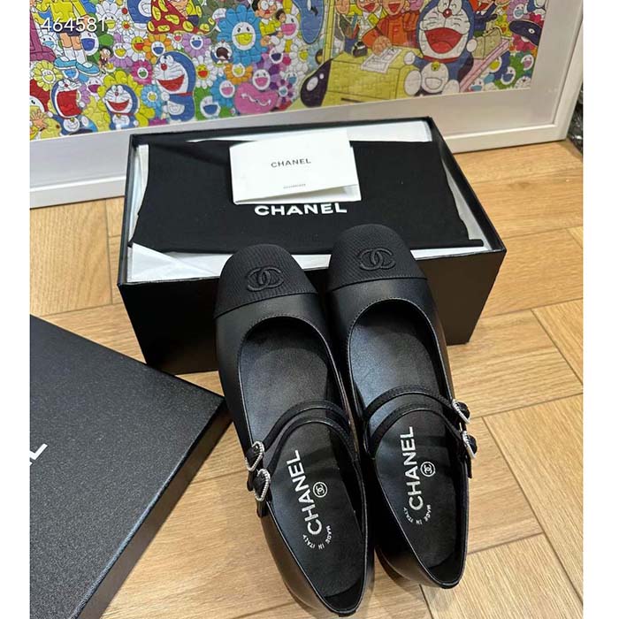 Chanel Women CC Mary Janes Lambskin Grosgrain Black 0.5 CM Heel