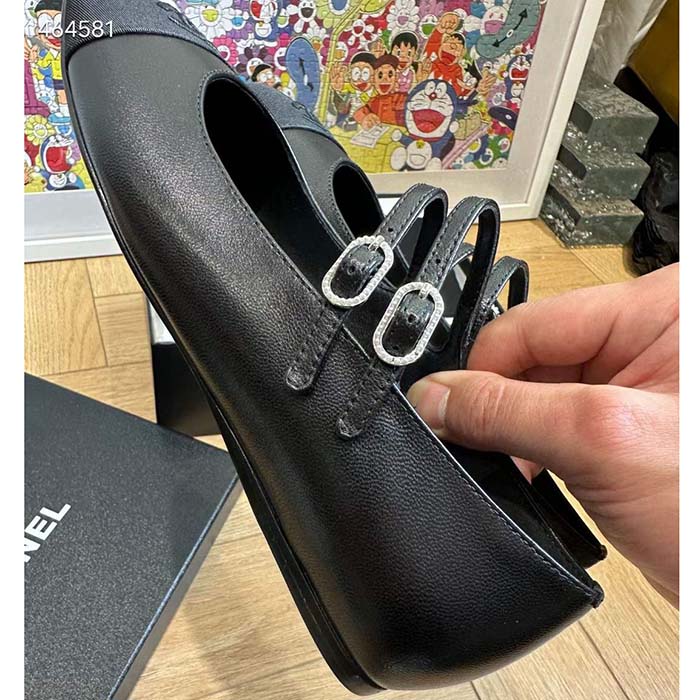 Chanel Women CC Mary Janes Lambskin Grosgrain Black 0.5 CM Heel