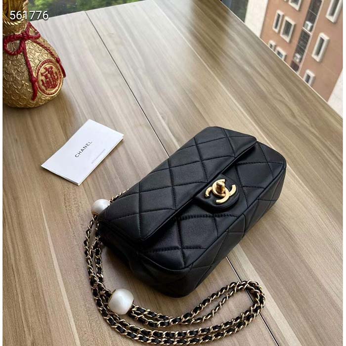 Chanel Women CC Small Flap Bag Lambskin Imitation Pearls Black