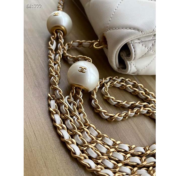 Chanel Women CC Mini Flap Bag Lambskin Imitation Pearls White