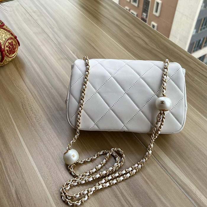 Chanel Women CC Mini Flap Bag Lambskin Imitation Pearls White