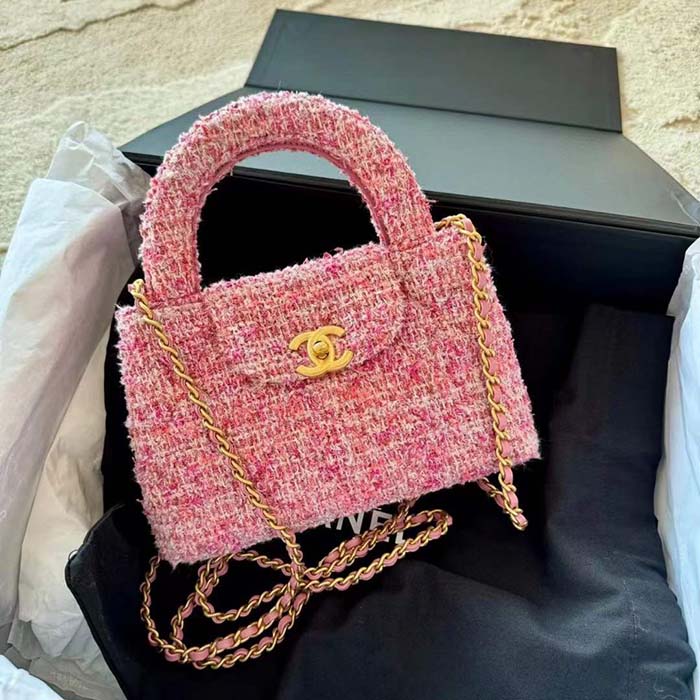 Chanel Women CC Mini Shopping Bag Cotton Tweed Gold-Tone Metal Pink Ecru
