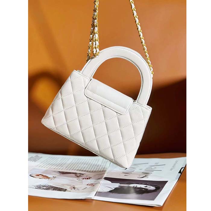 Chanel Women CC Mini Shopping Bag Shiny Crumpled Calfskin Gold Metal White