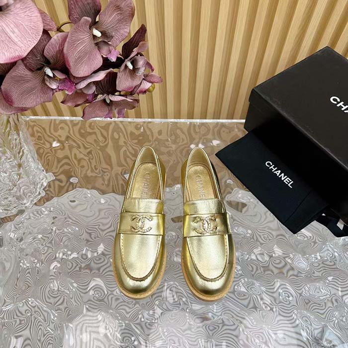 Chanel Women CC Moccasins Laminated Lambskin Metal Gold 3 CM Heel