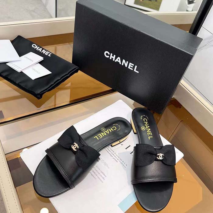 Chanel Women CC Mules Lambskin Grosgrain Black 4 CM Heel