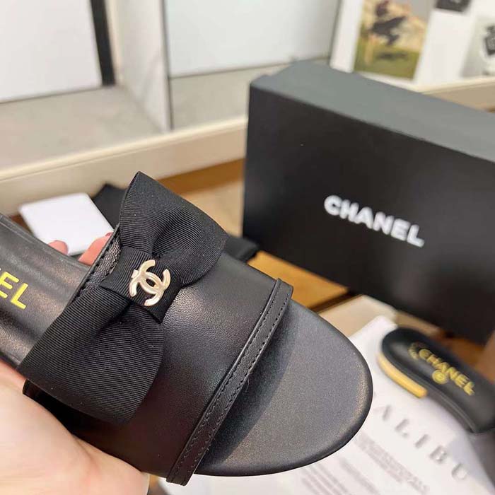 Chanel Women CC Mules Lambskin Grosgrain Black 4 CM Heel