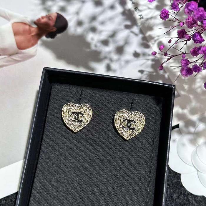 Chanel Women CC Pendant Earrings Black Metal Strass Gold Crystal