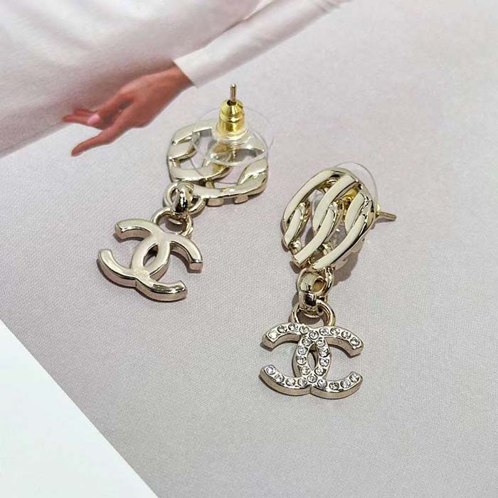 Chanel Women CC Pendant Earrings Metal Resin Strass Gold White Crystal