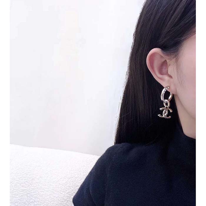Chanel Women CC Pendant Earrings Metal Strass Gold Crystal