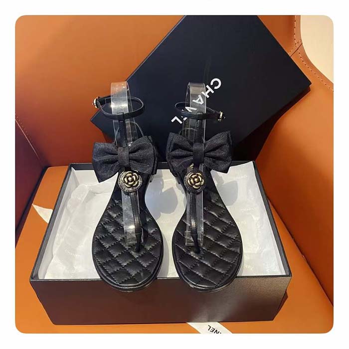 Chanel Women CC Sandals Grosgrain Black 1 CM Heel