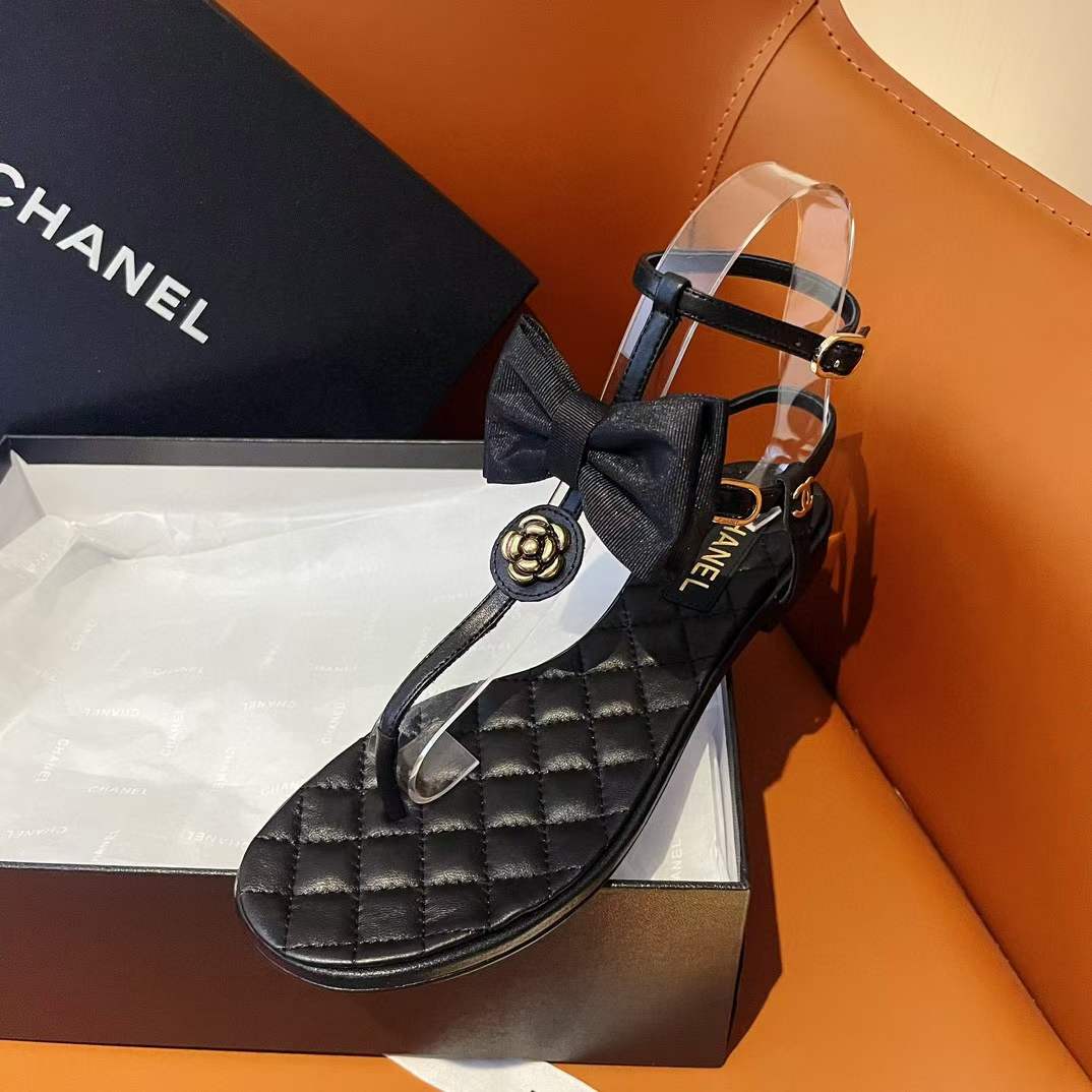 Chanel Women CC Sandals Grosgrain Black 1 CM Heel