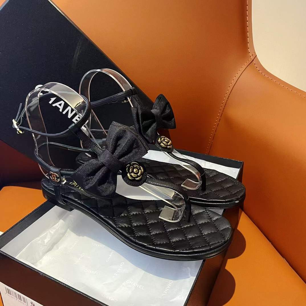 Chanel Women CC Sandals Grosgrain Black 1 CM Heel