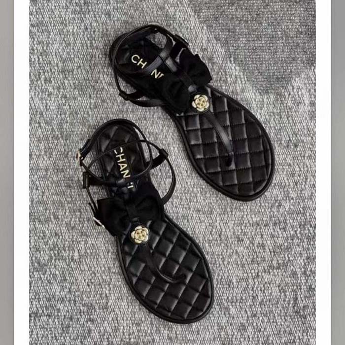 Chanel Women CC Sandals Grosgrain Black 1 CM Heel