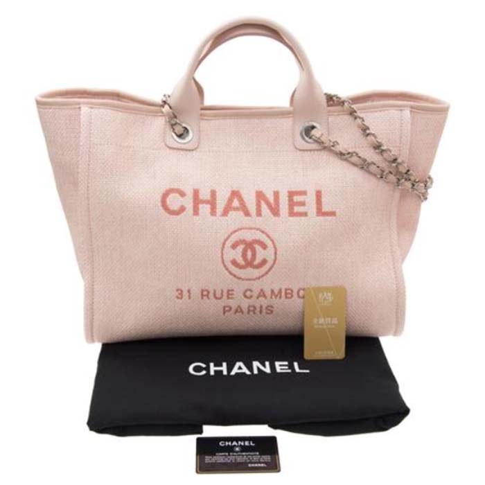 Chanel Women CC Shopping Bag Canvas Leather Mixed Fibers Pink