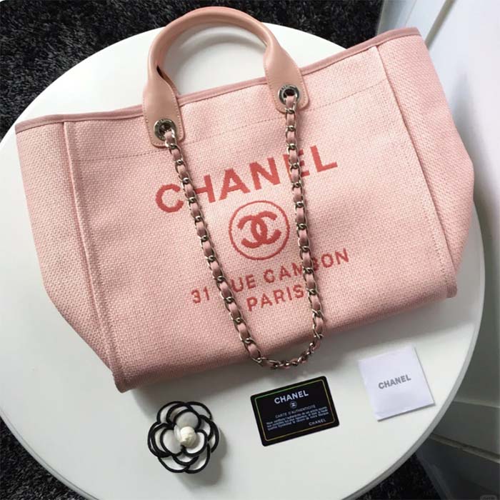 Chanel Women CC Shopping Bag Canvas Leather Mixed Fibers Pink