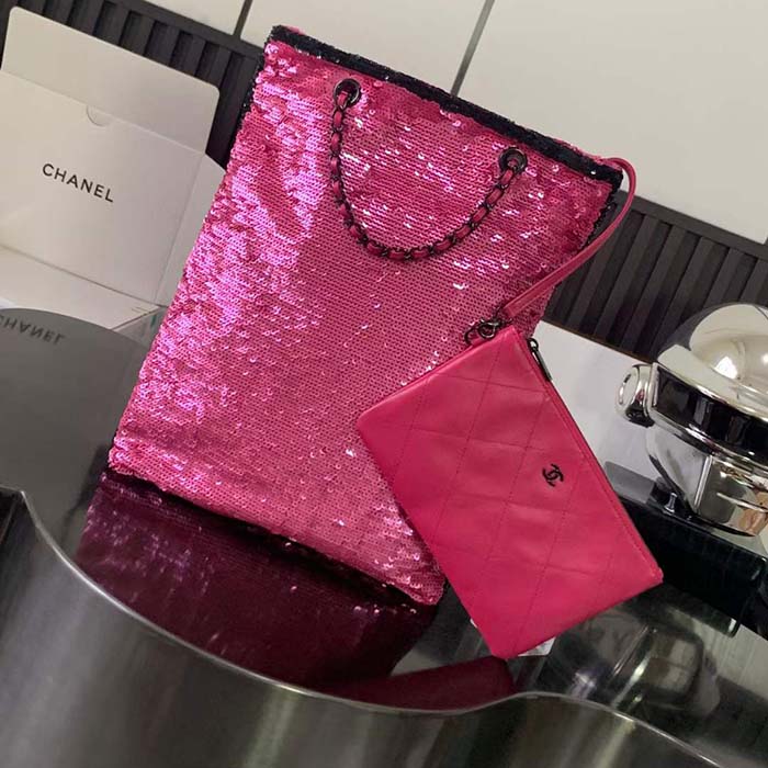 Chanel Women CC Shopping Bag Sequins Black Metal Dark Pink Black