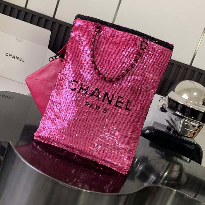 Chanel Women CC Shopping Bag Sequins Black Metal Dark Pink Black