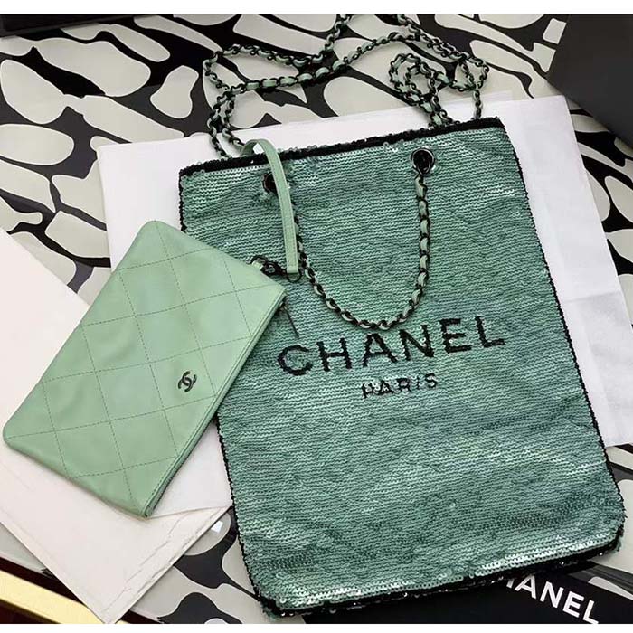 Chanel Women CC Shopping Bag Sequins Black Metal Green Black