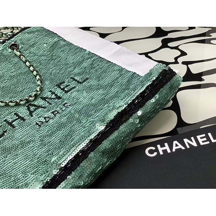 Chanel Women CC Shopping Bag Sequins Black Metal Green Black