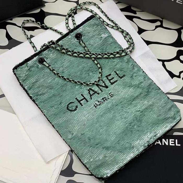 Chanel Women CC Shopping Bag Sequins Black Metal Green Black
