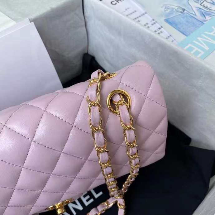 Chanel Women CC Small Classic Handbag Shiny Grained Calfskin Metal Lilac