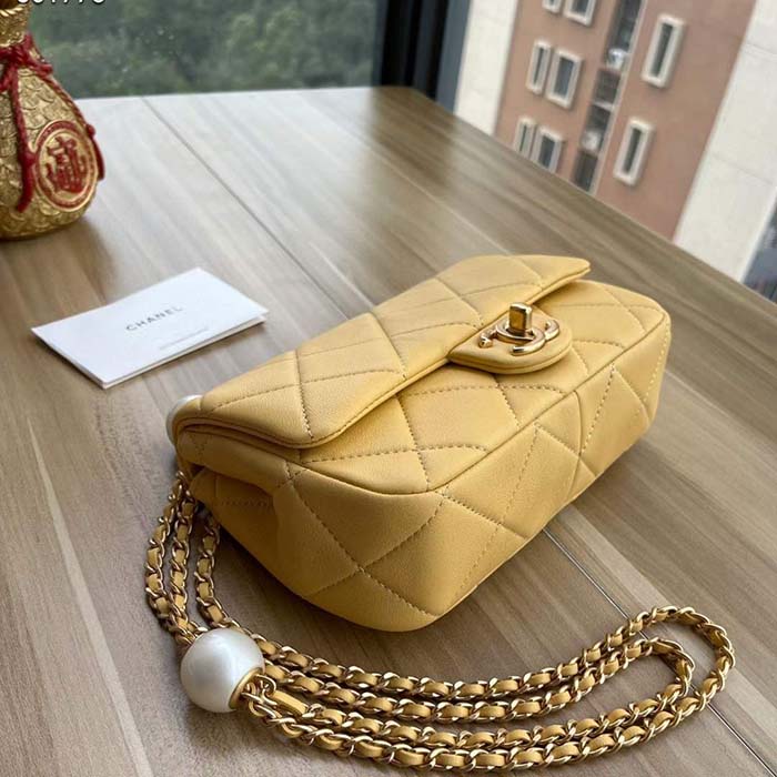 Chanel Women CC Small Flap Bag Pearly Lambskin Imitation Pearls Yellow