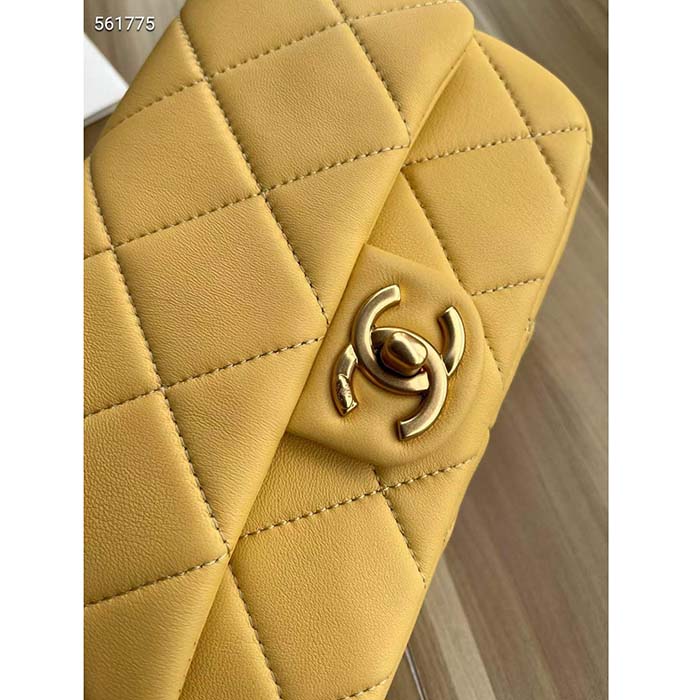 Chanel Women CC Small Flap Bag Pearly Lambskin Imitation Pearls Yellow