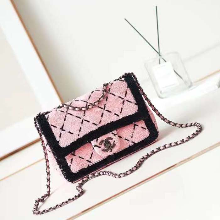Chanel Women CC Small Flap Bag Sequins Black Metal Pink Black