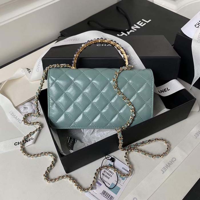 Chanel Women CC Small Flap Bag Top Handle Pearly Lambskin Light Green