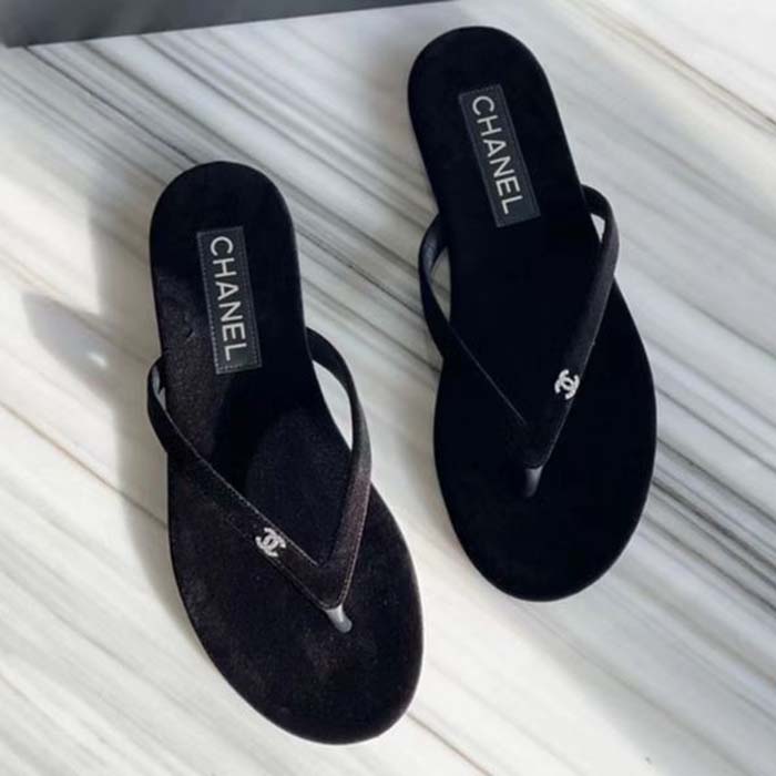 Chanel Women CC Thongs Sandal Velvet Black 0.5 CM Heel