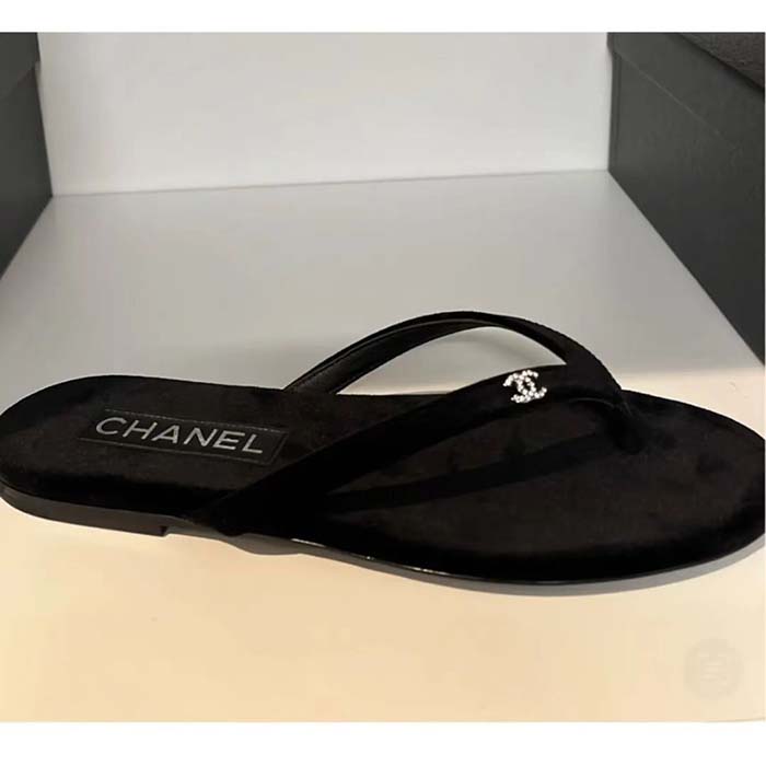 Chanel Women CC Thongs Sandal Velvet Black 0.5 CM Heel