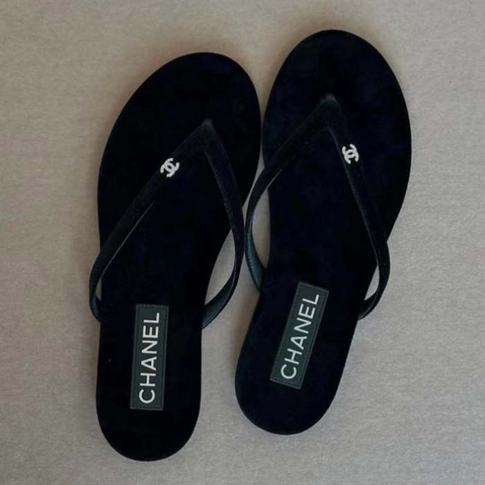 Chanel Women CC Thongs Sandal Velvet Black 0.5 CM Heel