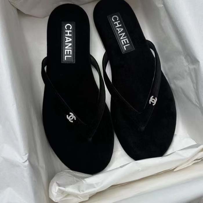 Chanel Women CC Thongs Sandal Velvet Black 0.5 CM Heel